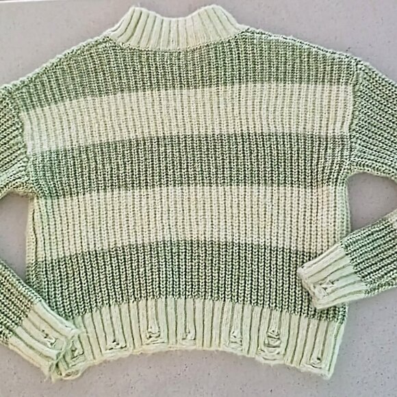 Sage & Cream Chunky Striped Knit Sweater – Mock Neck, Distressed Hem (Size M) - Picture 13 of 14